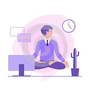 Businessman meditates in the Lotus position in the workplace. Calm pose, mental balance, harmony, spirituality energy, body exerci